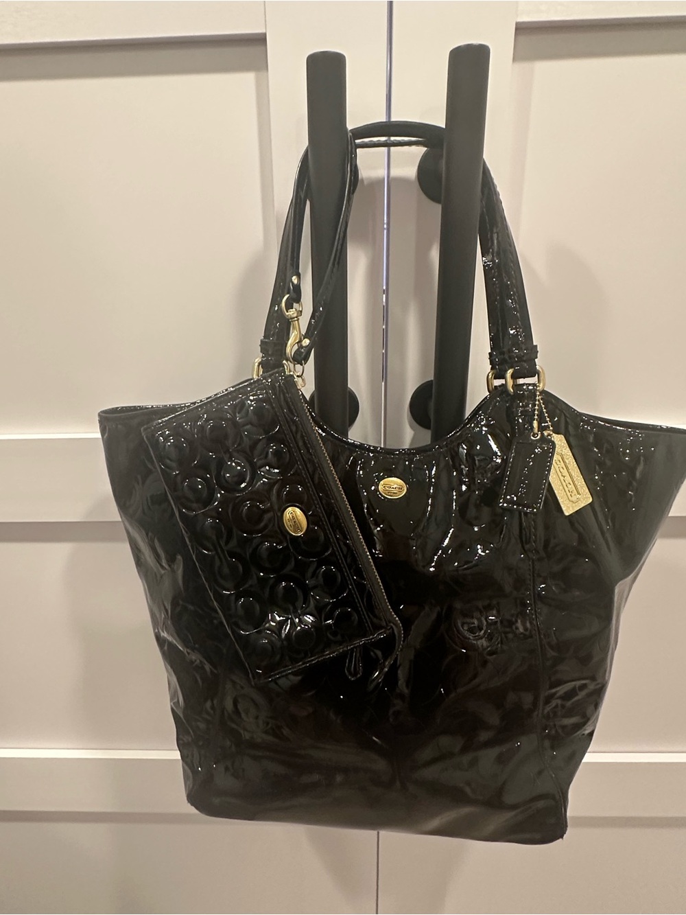 Coach Black Patent Signature Tote Bag & Matching Wristlet Wallet Set